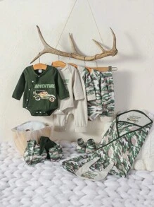 SHEIN Baby Boy Car Print Bodysuit & Camo Print Pants & Jumpsuit & Hat & Bibs & Gloves & Blanket