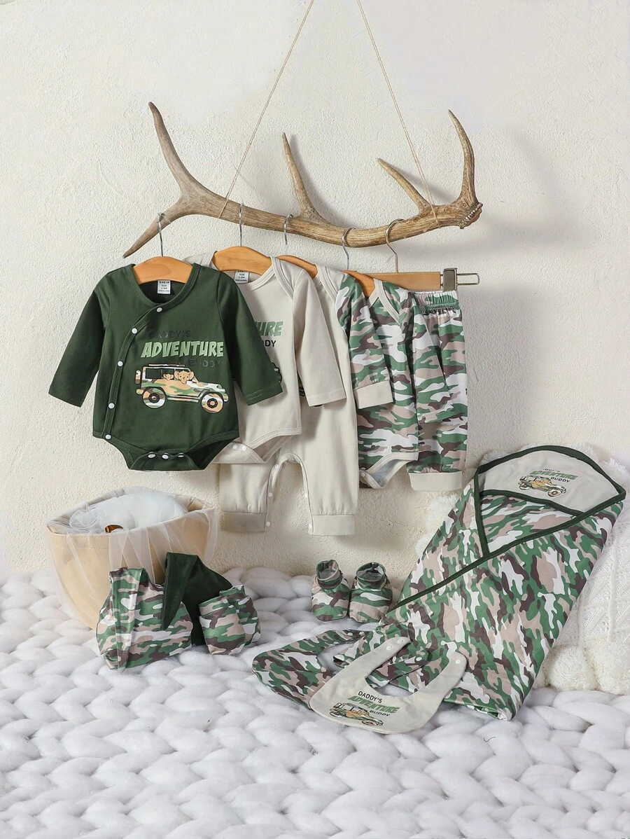 SHEIN Baby Boy Car Print Bodysuit & Camo Print Pants & Jumpsuit & Hat & Bibs & Gloves & Blanket