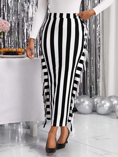 SHEIN Lady 條紋印花流蘇邊下擺開叉鉛筆裙