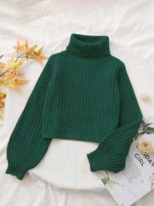 SHEIN Tween Girl Turtleneck Lantern Sleeve Ribbed Knit Sweater - Dark Green - View 1