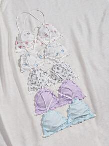 5 件花卉印花生菜边文胸，可爱