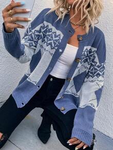 SHEIN LUNE Geo Pattern Drop Shoulder Cardigan - Blue - View 6