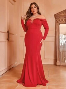 SHEIN Belle Kích thước lớn Off Shoulder Chất vải Nối Thanh lịch Mỹ nhân ngư Tay áo dài Chính thức Đầm dạ hội ( Nặng Làm việc ) - Đỏ - Xem 6