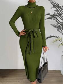 SHEIN Clasi Tương phản ràng buộc Áo cao cổ Thắt lưng Váy len bó sát - xanh quân đội - Xem 6