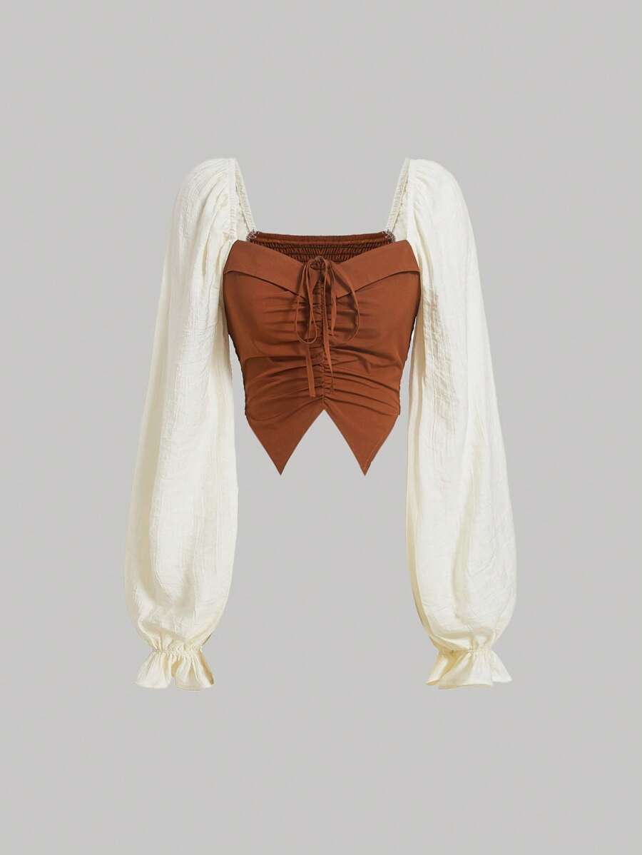 SHEIN MOD 前部抽绳荷叶边袖不对称下摆衬衫 - 棕色 - 查看 1