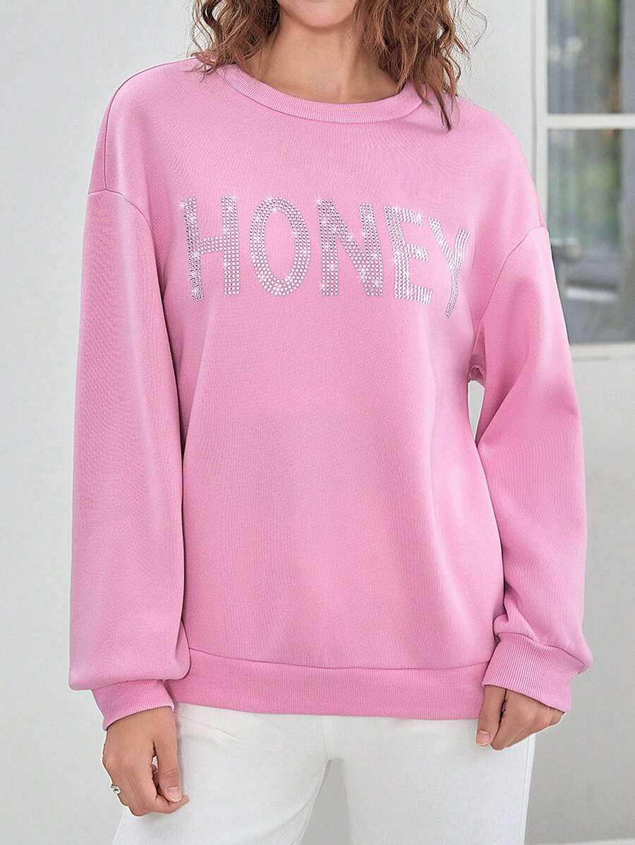 SHEIN EZwear 水鑽字母圖案落肩袖運動衫 - 粉色 - 查看 1