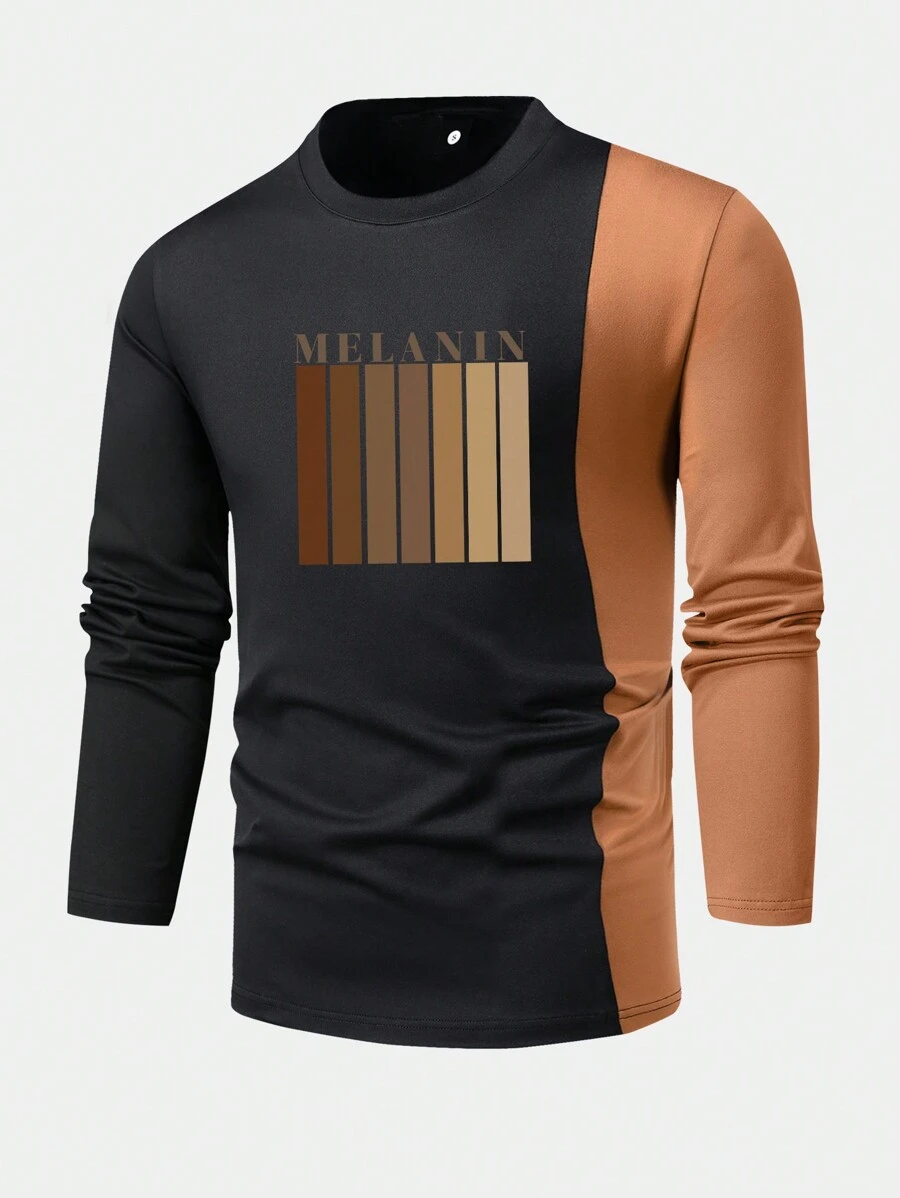 Männer T-Shirt mit Buchstaben Grafik, Farbblock, - Kaffeebraun - Übersicht 1