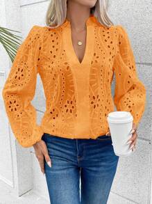 SHEIN Clasi Eyelet Embroidery Frill Trim Lantern Sleeve Notched Neckline Blouse