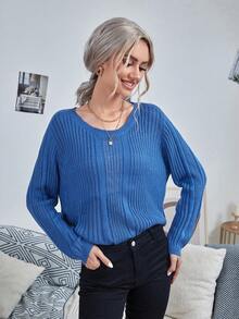 SHEIN LUNE Chất rắn Đồ đan Ribbed Áo len - Màu xanh lam - Xem 3