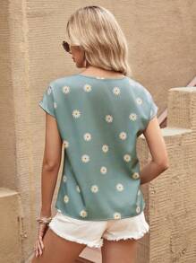 SHEIN LUNE Blusa de manga murciélago con estampado de margaritas, blusas de manga corta - Azul - Ver 2