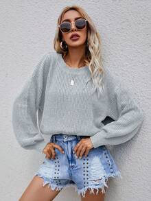 SHEIN LUNE Chất rắn Đồ đan Ribbed Thả vai Áo len - Màu Xám nhạt - Xem 3