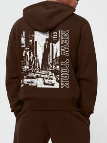 Nam Lá thư & Đồ họa Ô tô Dây rút Lót nhiệt Hoodie - màu nâu - Xem 1