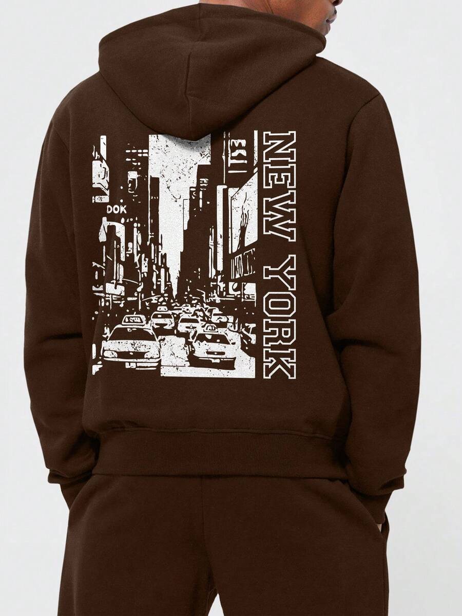 Nam Lá thư & Đồ họa Ô tô Dây rút Lót nhiệt Hoodie - màu nâu - Xem 1