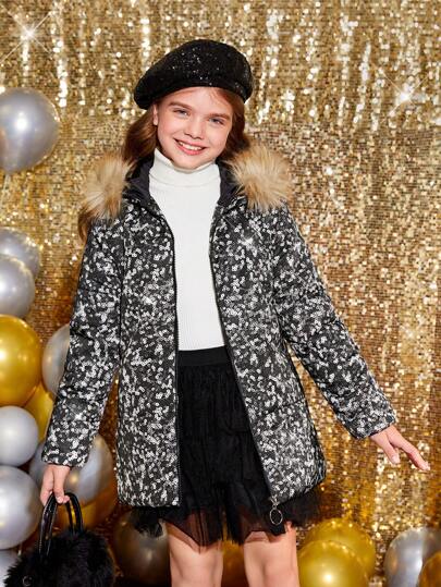 SHEIN Tween Girl 毛绒装饰连帽亮片效果棉服外套
