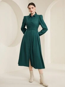 Mulvari Chất rắn Crisscross Buộc lại Nút phía trước Váy sơ mi - màu xanh lá - Xem 5