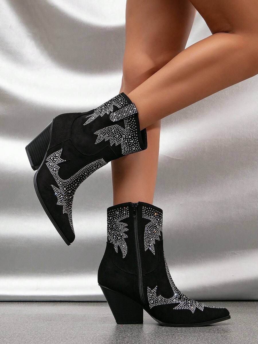 Styleloop Women's Fashionable Western Short Boots With Rhinestone Detail - Black - View 1