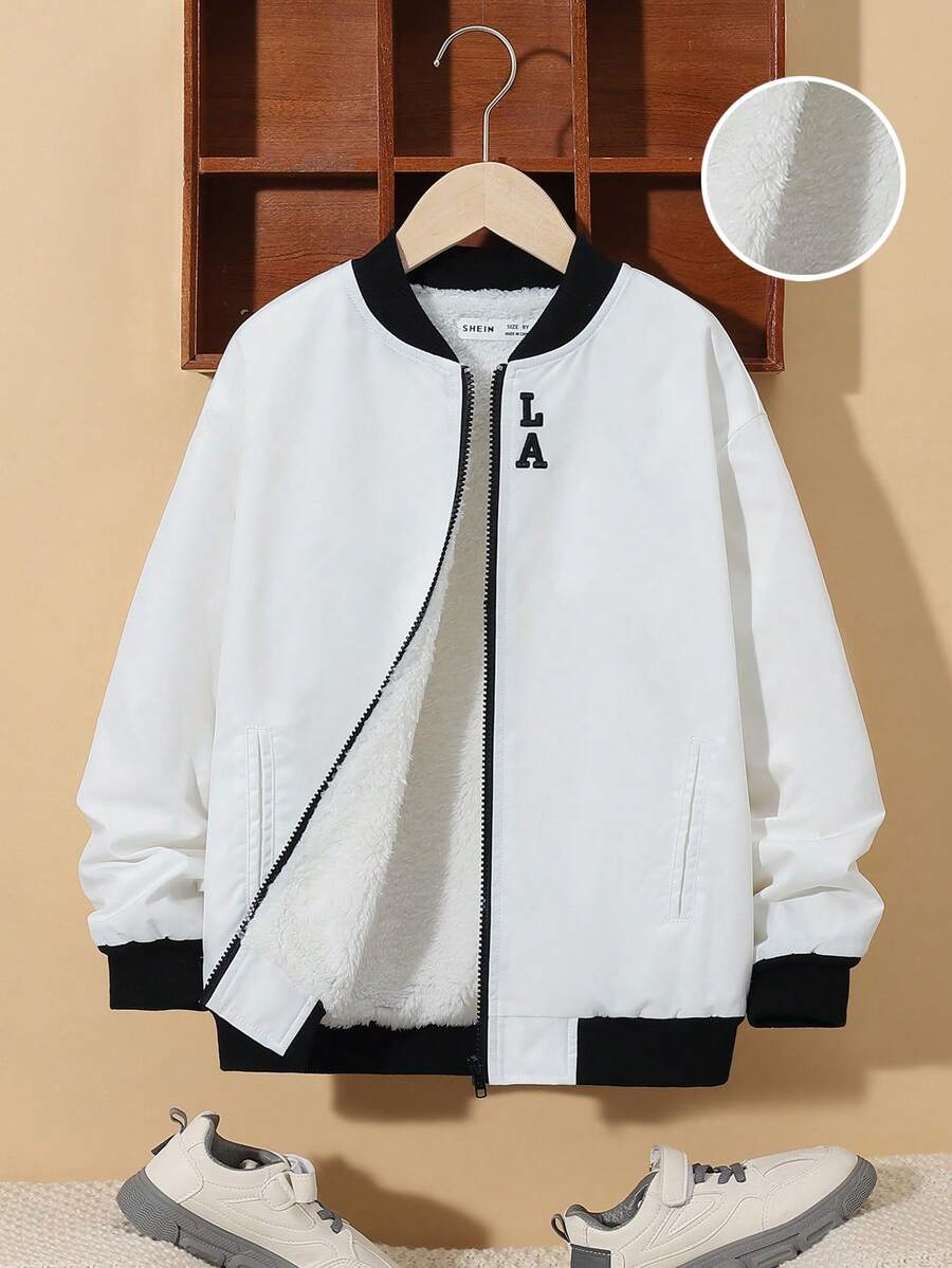 SHEIN Tween Boy Letter Embroidery Fuzzy Lined Bomber Jacket - White - View 1