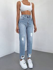 Cloudara Jeans de ajuste mom de talle alto desgarro bajo crudo - Azul - Ver 6