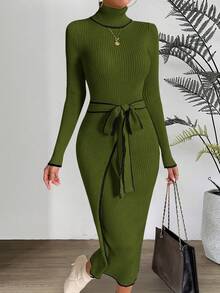 SHEIN Clasi Tương phản ràng buộc Áo cao cổ Thắt lưng Váy len bó sát - xanh quân đội - Xem 5