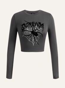 SHEIN Qutie Letter Graphic Crop Tee - Dark Grey - View 1