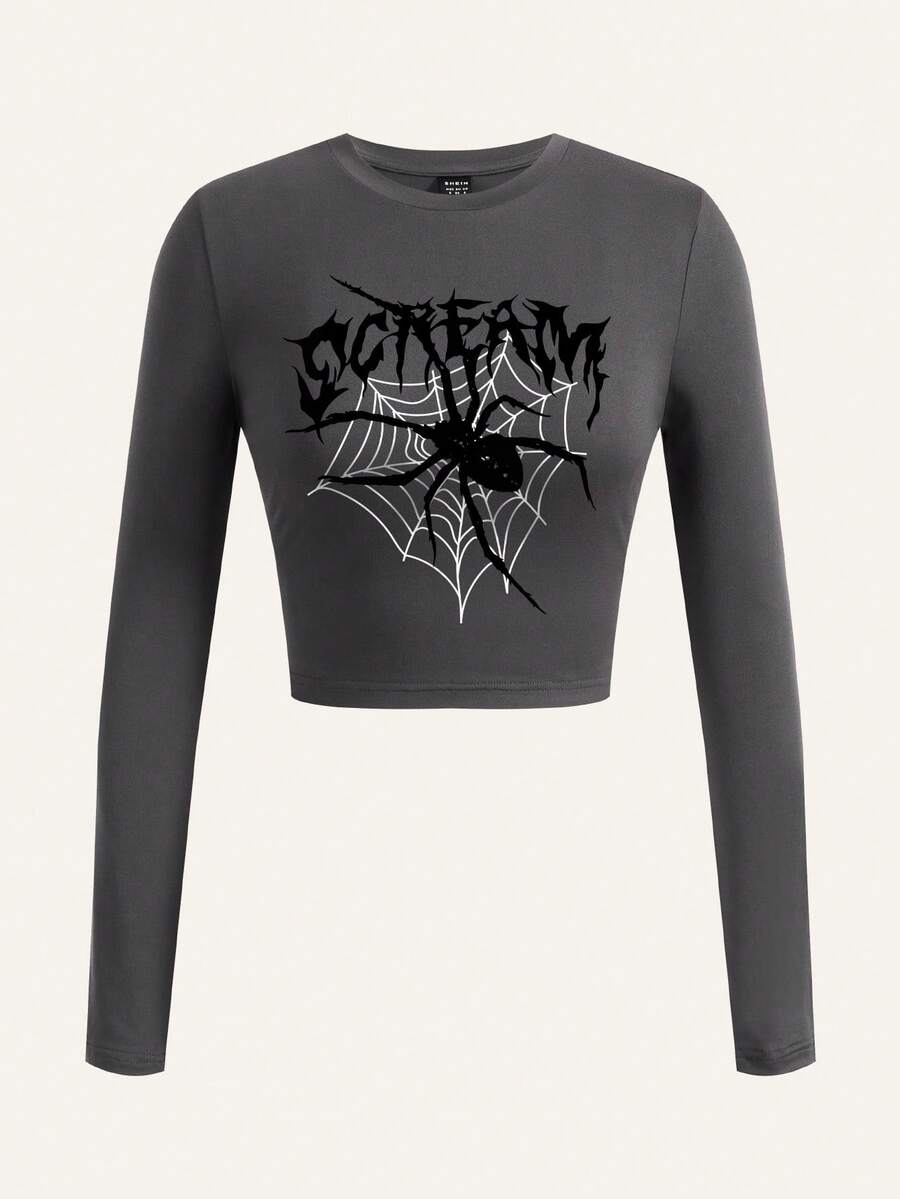 SHEIN Qutie Letter Graphic Crop Tee - Dark Grey - View 1