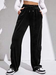 側翻蓋口袋腰部抽繩絲絨工裝褲 - 黑色 - 查看 3