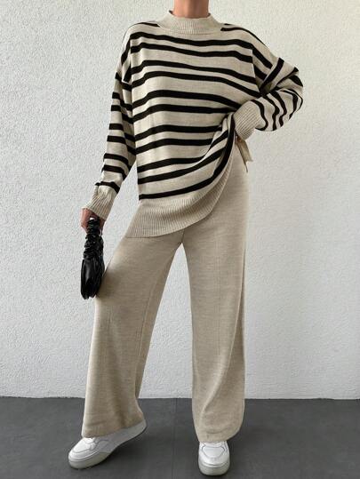 EURMUSE 2pcs Women`S Drop Shoulder Striped High Neck Sweater And Solid Color Pants Set