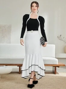 Modelyn 撞色滚边羊腿袖针织套头衫秋冬毛衣 - 黑色 - 查看 5