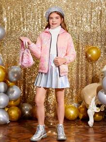 SHEIN Tween Girl' 激光面料心形拼布连帽短款棉服外套 - 粉色 - 查看 4