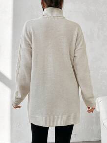 EURMUSE Turtleneck Cable Knit Drop Shoulder Sweater - Beige - View 3