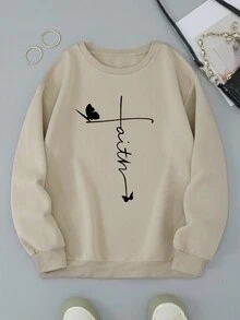 SHEIN EZwear Hoạt hình Bướm & Chữ cái Lót nhiệt Áo nỉ - Màu Khaki - Xem 5