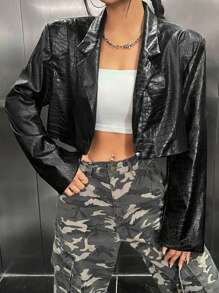 SHEIN EZwear Crocodile Embossed Crop PU Leather Blazer - Black - View 3