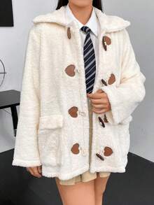 SHEIN Qutie Plus Flap Pocket Duffle Flannel Coat - Apricot - View 3