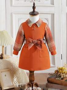 Đứa bé gái Vá Túi Tự thắt lưng Kẻ sọc Đầm - Nhiều màu - Xem 1