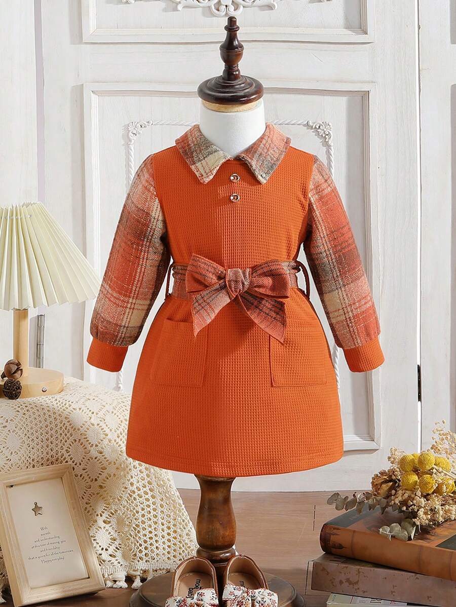 Đứa bé gái Vá Túi Tự thắt lưng Kẻ sọc Đầm - Nhiều màu - Xem 1