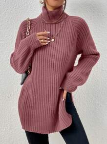 SHEIN Frenchy Cổ cao Tay Raglan Tay áo Áo len - Bụi hồng - Xem 5