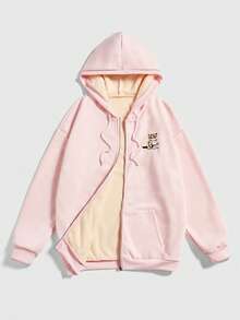 ROMWE Kawaii Dây kéo Thả vai Tranh thêu mèo Hoodie - Hồng - Xem 2