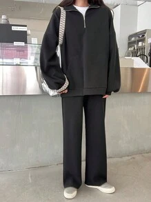 DAZY Solid Drop Shoulder Oversized Sweatshirt & Pants,Women Two Piece Sets,Fall Clothes - Black - View 4