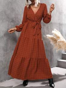 SHEIN Clasi Swiss Dot Surplice Neck Ruffle Hem Belted Dress - Redwood - View 4