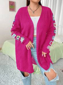 Flirla Plus Floral Embroidery Drop Shoulder Duster Cardigan - Hot Pink - View 3
