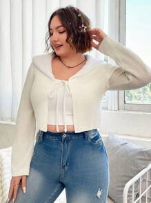 Flirla Talla grande Cárdigan crop de cuello exagerado con nudo delantero - Blanco - Ver 3