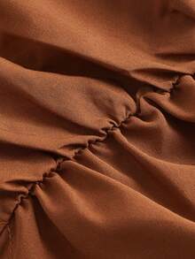 SHEIN MOD 前部抽绳荷叶边袖不对称下摆衬衫 - 棕色 - 查看 4