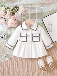 Baby Girl Contrast Trim Flap Detail Overcoat - White - View 1