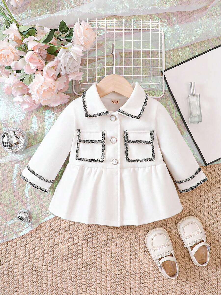 Baby Girl Contrast Trim Flap Detail Overcoat - White - View 1