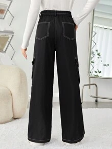 SHEIN 青少女編織實色休閒長褲,配有口袋和對比細節 - 黑色 - 查看 2