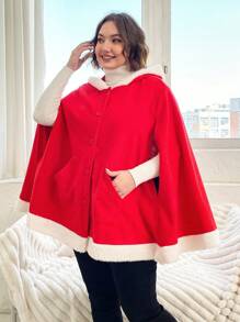 Flirla Plus Cloak Sleeve Fuzzy Trim Hooded Cape Overcoat Fall Cloth For Women - Red - View 3