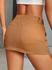 SHEIN ICON Flap Pocket Denim Skirt - Khaki - View 2