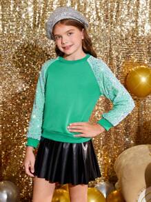 SHEIN Tween Girl Contrast Sequin Raglan Sleeve Sweatshirt - Mint Blue - View 3