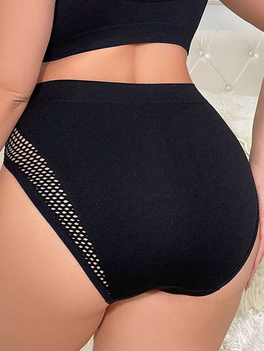 Plus Size Black Knitted Fabric Casual High Waisted Panties With Cut Out Detail - Black - View 1