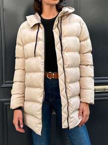 RueChic Zip Up Hooded Puffer Coat - Beige - View 1